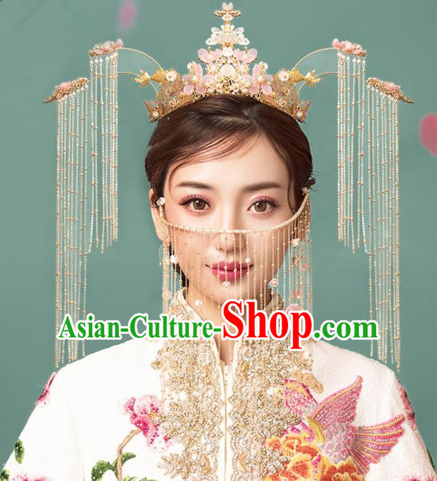 Chinese Ancient Palace Tassel Pink Flowers Phoenix Coronet Hairpins Traditional Wedding Hair Accessories for Women
