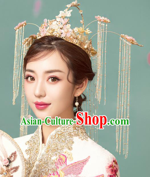 Chinese Ancient Palace Tassel Pink Flowers Phoenix Coronet Hairpins Traditional Wedding Hair Accessories for Women