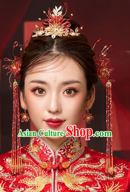 Chinese Ancient Palace Red Beads Phoenix Coronet Hairpins Traditional Wedding Hair Accessories for Women