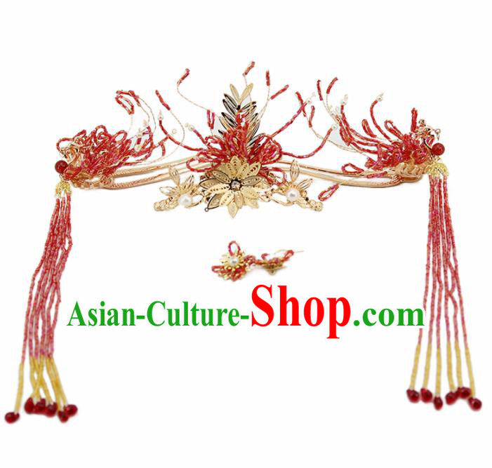 Chinese Ancient Palace Red Beads Phoenix Coronet Hairpins Traditional Wedding Hair Accessories for Women