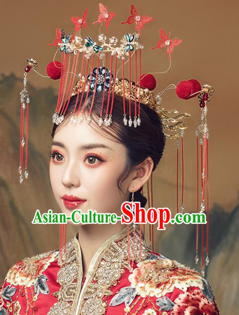 Chinese Ancient Palace Red Butterfly Tassel Phoenix Coronet Hairpins Traditional Wedding Hair Accessories for Women