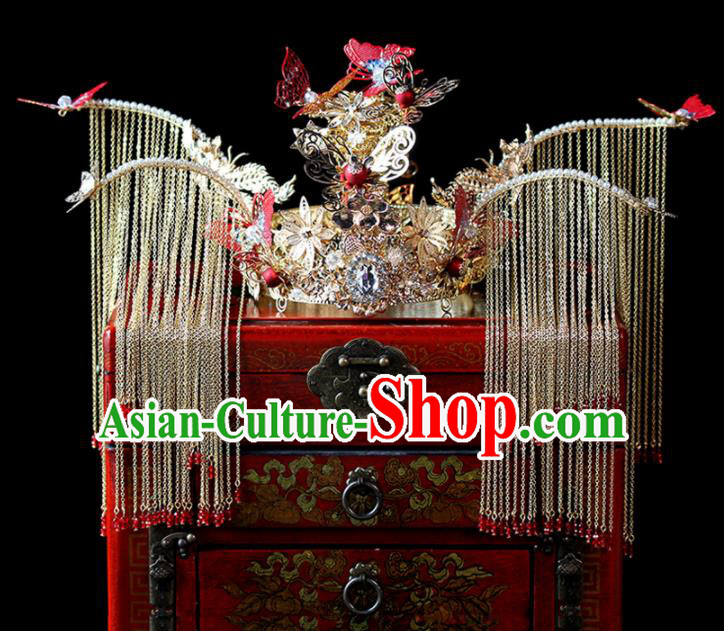 Chinese Ancient Palace Bride Golden Phoenix Coronet Tassel Hairpins Traditional Wedding Hair Accessories for Women