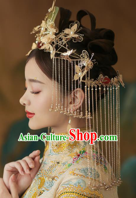 Chinese Ancient Palace Bride Jade Butterfly Phoenix Coronet Tassel Hairpins Traditional Wedding Hair Accessories for Women