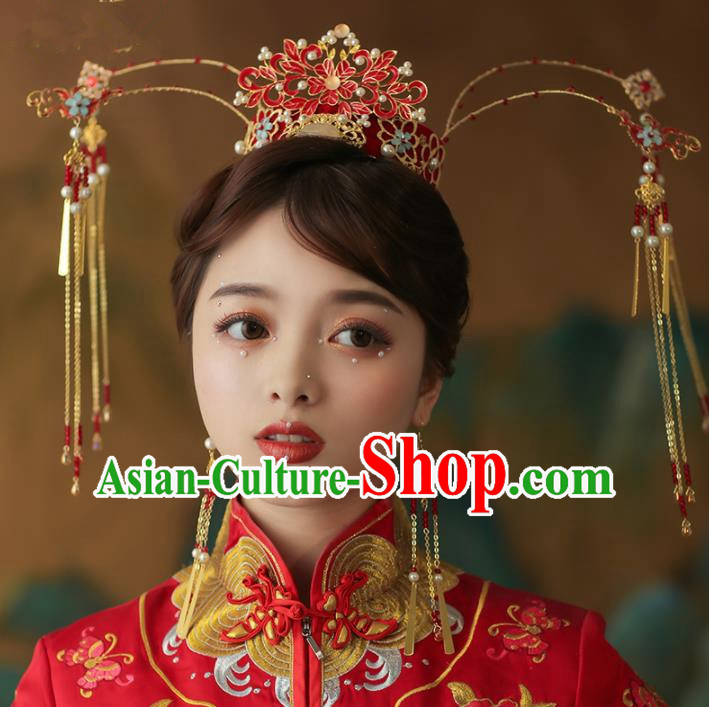 Chinese Traditional Palace Enamel Red Phoenix Coronet Tassel Hairpins Ancient Wedding Hair Accessories for Women