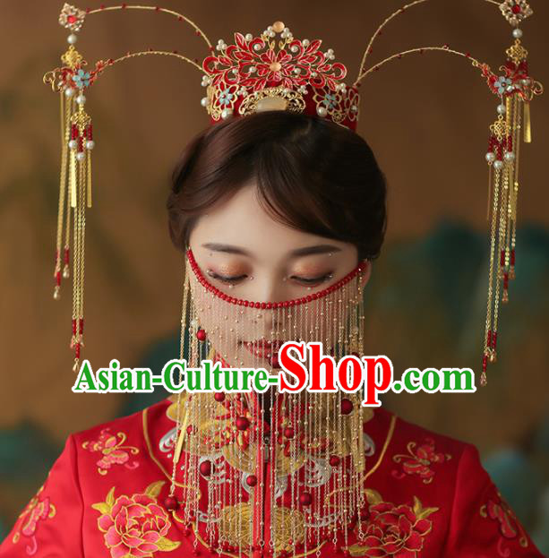 Chinese Traditional Palace Enamel Red Phoenix Coronet Tassel Hairpins Ancient Wedding Hair Accessories for Women