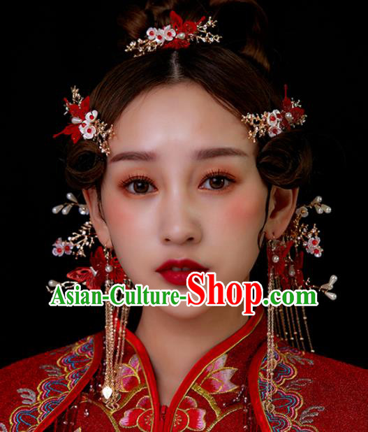 Chinese Traditional Palace Red Butterfly Tassel Phoenix Coronet Hairpins Ancient Wedding Hair Accessories for Women
