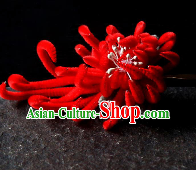 Chinese Traditional Palace Red Velvet Flower Hairpins Ancient Wedding Hair Accessories for Women