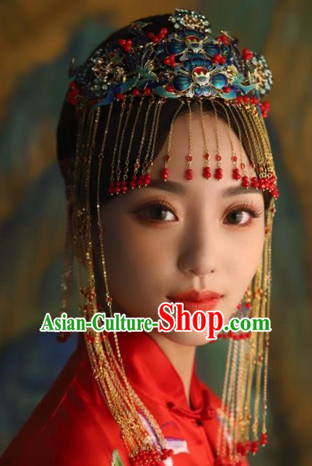 Chinese Ancient Palace Phoenix Coronet Blueing Lotus Hairpins Traditional Hair Accessories Headdress for Women
