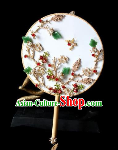 Chinese Handmade Classical Jade Leaf Palace Fans Wedding Bride Accessories Round Fan for Women