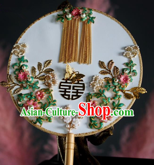 Chinese Handmade Classical Cloisonne Palace Fans Wedding Bride Accessories Round Fan for Women