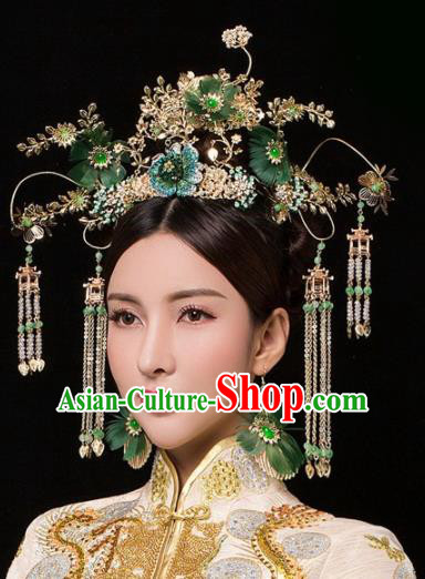 Chinese Ancient Palace Green Flowers Phoenix Coronet Hairpins Traditional Hair Accessories Headdress for Women