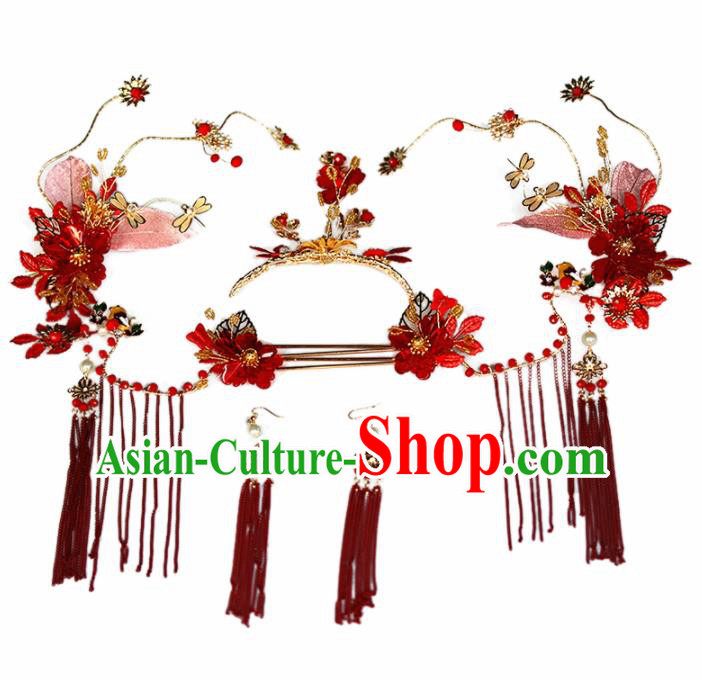 Chinese Traditional Palace Red Flowers Phoenix Coronet Hairpins Ancient Wedding Tassel Hair Accessories for Women