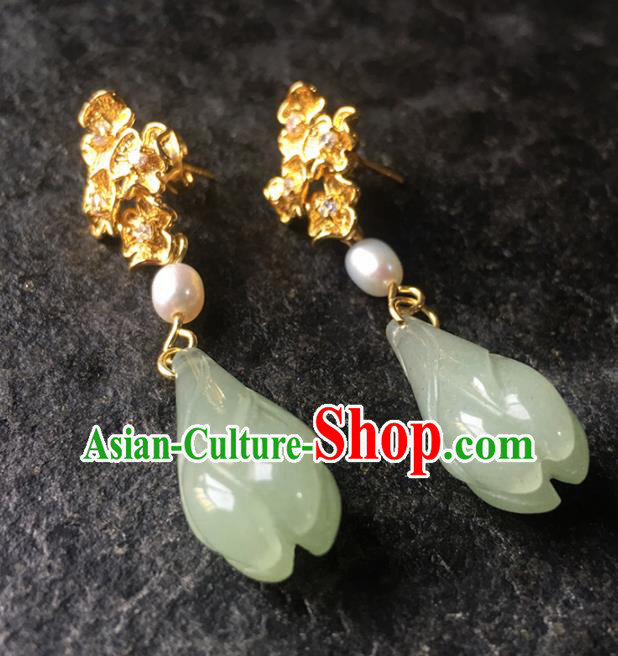 Top Grade Chinese Handmade Green Mangnolia Earrings Traditional Bride Ear Accessories for Women