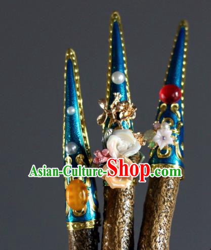 Chinese Handmade Enamel Blue Nail Wrap Traditional Ancient Palace Lady Fingerstalls for Women