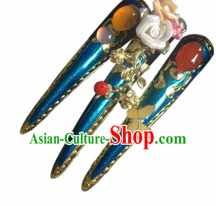 Chinese Handmade Enamel Blue Nail Wrap Traditional Ancient Palace Lady Fingerstalls for Women