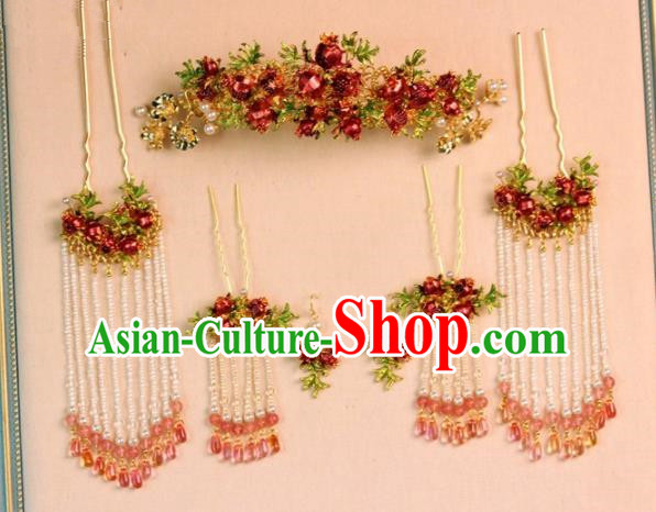 Chinese Ancient Bride Pomegranate Phoenix Coronet Hairpins Traditional Hair Accessories Headdress for Women