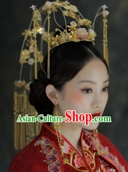 Chinese Ancient Bride Golden Tassel Phoenix Coronet Hairpins Traditional Hair Accessories Headdress for Women