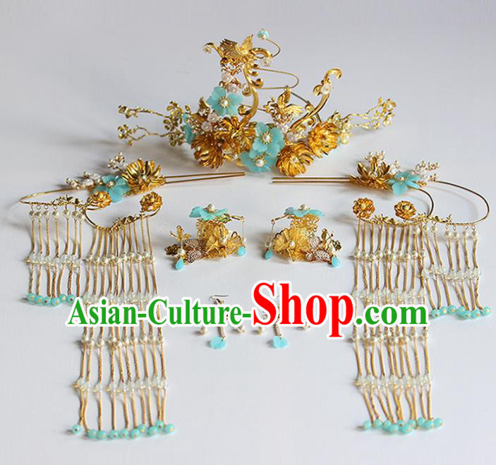 Chinese Ancient Bride Hairpins Blue Flowers Phoenix Coronet Traditional Hair Accessories Headdress for Women