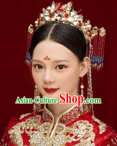 Chinese Ancient Bride Hairpins Red Crystal Tassel Tassel Phoenix Coronet Traditional Hair Accessories Headdress for Women