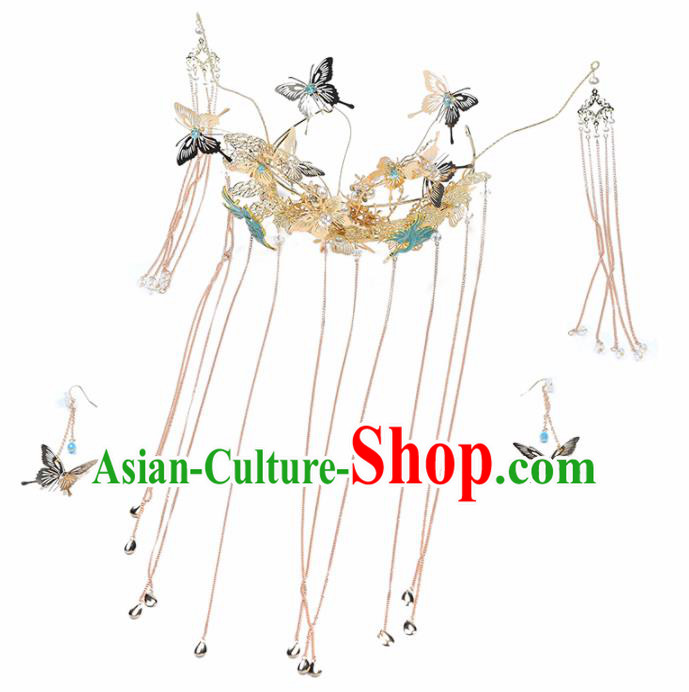 Chinese Ancient Bride Hairpins Butterfly Tassel Phoenix Coronet Traditional Hair Accessories Headdress for Women