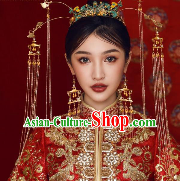 Chinese Ancient Bride Hairpins Blueing Phoenix Coronet Traditional Hair Accessories Headdress for Women