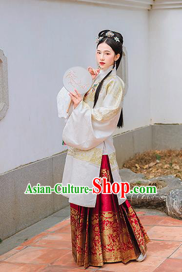 Chinese Traditional Ming Dynasty Palace Historical Costume Ancient Princess White Blouse and Red Horse Face Skirt Complete Set