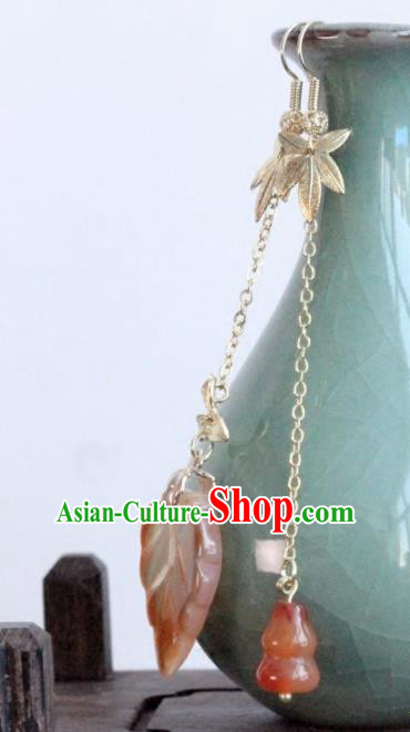 Chinese Handmade Jade Calabash Leaf Tassel Earrings Traditional Ancient Palace Ear Accessories for Women