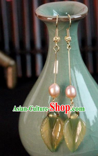 Chinese Handmade Leaf Pearl Earrings Traditional Ancient Palace Ear Accessories for Women