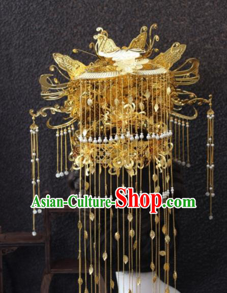 Top Grade Chinese Ancient Bride Hairpins Golden Tassel Phoenix Coronet Traditional Hair Accessories Headdress for Women