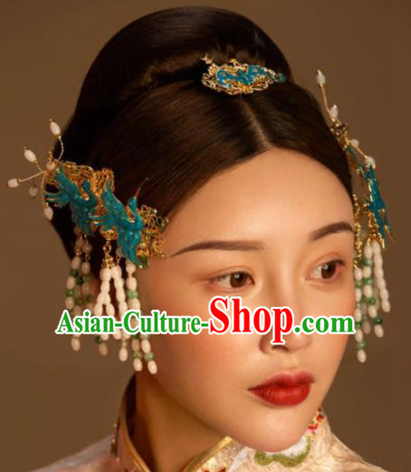 Top Grade Chinese Ancient Bride Blueing Cranes Tassel Hairpins Traditional Hair Accessories Headdress for Women