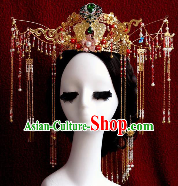 Top Grade Chinese Ancient Bride Tassel Phoenix Coronet Hairpins Traditional Hair Accessories Headdress for Women