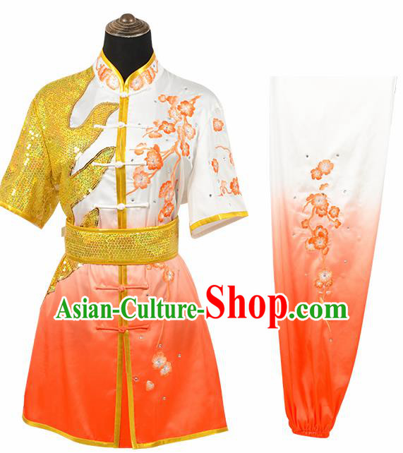 Chinese Traditional Tang Suit Embroidered Plum Blossom Orange Costume Martial Arts Tai Ji Competition Clothing for Men