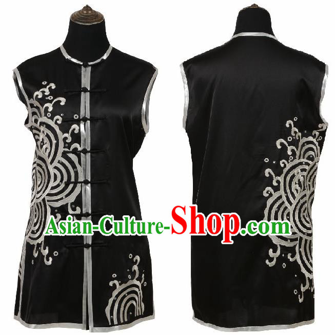 Chinese Traditional Tang Suit Embroidered Black Costume Martial Arts Tai Ji Competition Clothing for Men