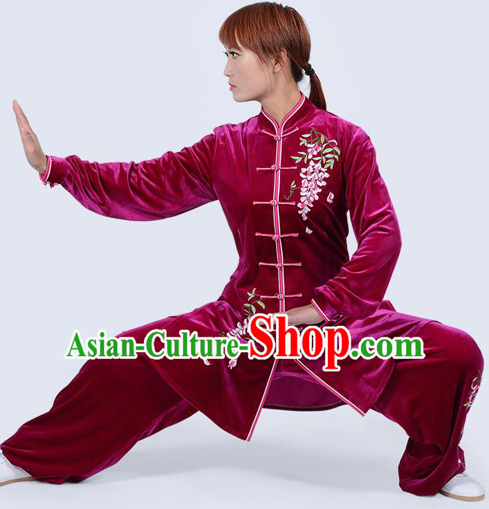 Chinese Traditional Kung Fu Embroidered Rosy Pleuche Costume Martial Arts Tai Ji Competition Clothing for Women