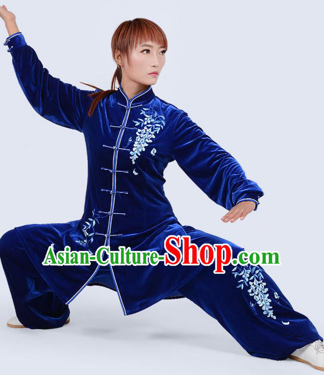 Chinese Traditional Kung Fu Embroidered Royalblue Pleuche Costume Martial Arts Tai Ji Competition Clothing for Women