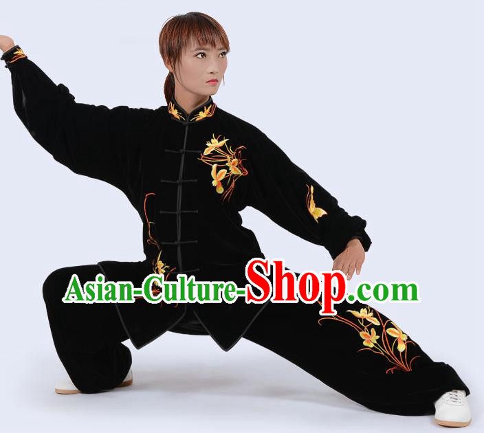 Chinese Traditional Kung Fu Velvet Costume Martial Arts Tai Ji Competition Printing Yellow Orchid Clothing for Women