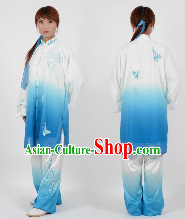 Chinese Traditional Kung Fu Printing Orchid Blue Costume Martial Arts Tai Ji Competition Clothing for Women