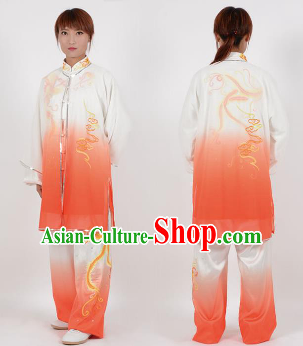 Chinese Traditional Kung Fu Embroidered Phoenix Orange Costume Martial Arts Tai Ji Competition Clothing for Women