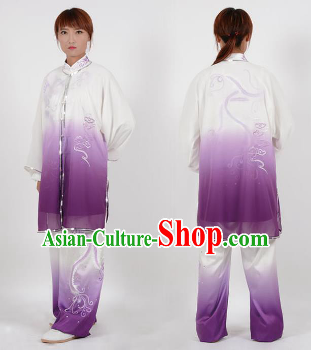 Chinese Traditional Kung Fu Embroidered Phoenix Purple Costume Martial Arts Tai Ji Competition Clothing for Women