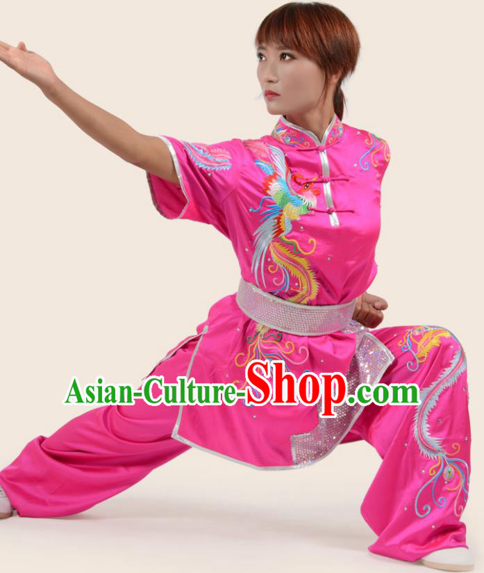 Chinese Traditional Kung Fu Embroidered Phoenix Rosy Costume Martial Arts Competition Clothing for Women