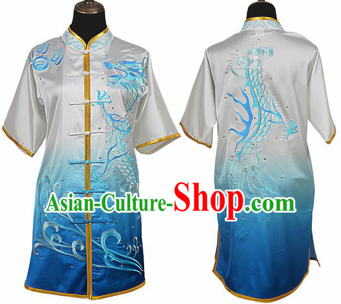 Chinese Traditional Kung Fu Embroidered Dragon Gradient Blue Costume Martial Arts Tai Ji Competition Clothing for Men