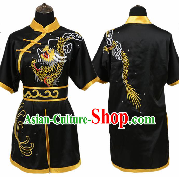Chinese Traditional Kung Fu Embroidered Dragon Black Costume Martial Arts Tai Ji Competition Clothing for Men
