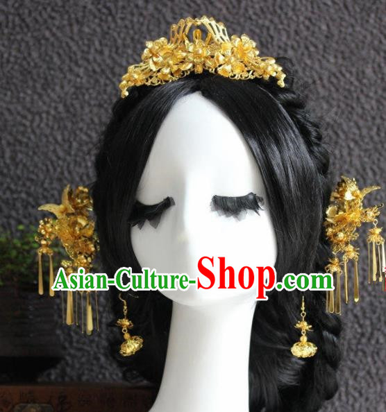 Handmade Chinese Ancient Bride Golden Hair Clips Traditional Hair Accessories Headdress for Women