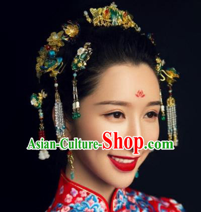 Handmade Chinese Ancient Bride Green Glass Hair Combs Traditional Hair Accessories Headdress for Women