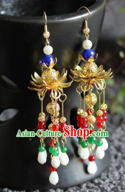 Chinese Handmade Hanfu Golden Lotus Earrings Traditional Ancient Palace Ear Accessories for Women