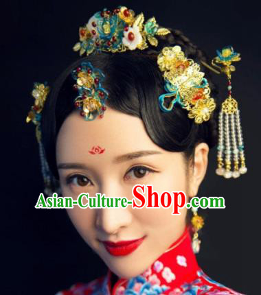 Handmade Chinese Ancient Hairpins Cloisonne Hair Comb Traditional Hair Accessories Headdress for Women