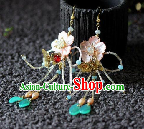 Chinese Handmade Hanfu Pink Shell Flower Earrings Traditional Ancient Palace Ear Accessories for Women