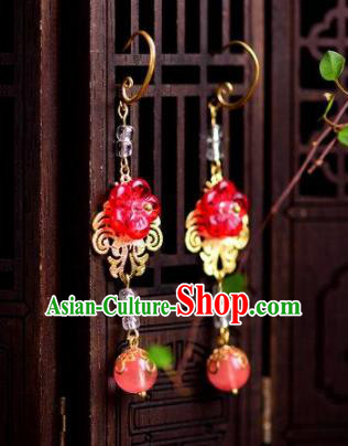 Chinese Handmade Hanfu Red Flower Earrings Traditional Ancient Palace Ear Accessories for Women