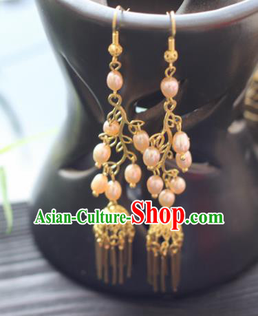 Chinese Handmade Hanfu Pearls Earrings Traditional Ancient Palace Ear Accessories for Women