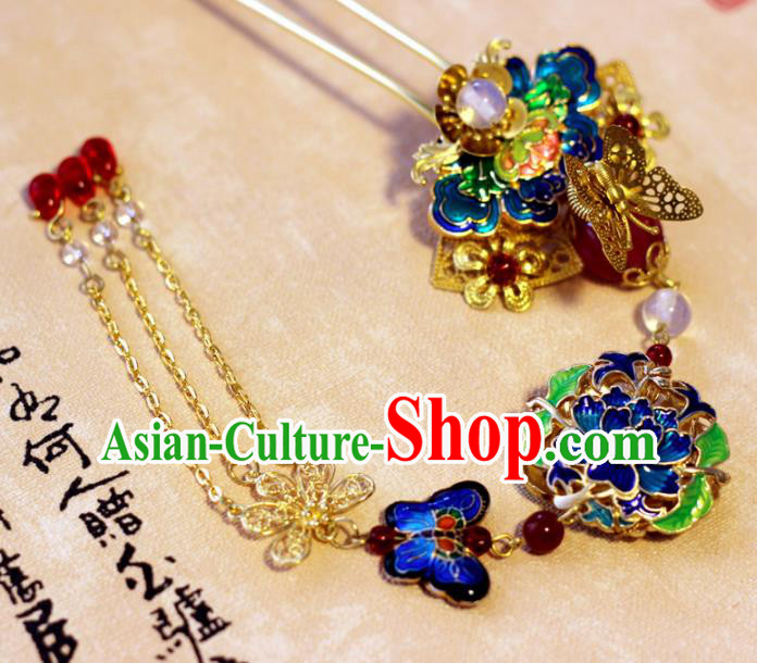 Handmade Chinese Ancient Palace Blueing Lotus Tassel Hairpins Traditional Hair Accessories Headdress for Women